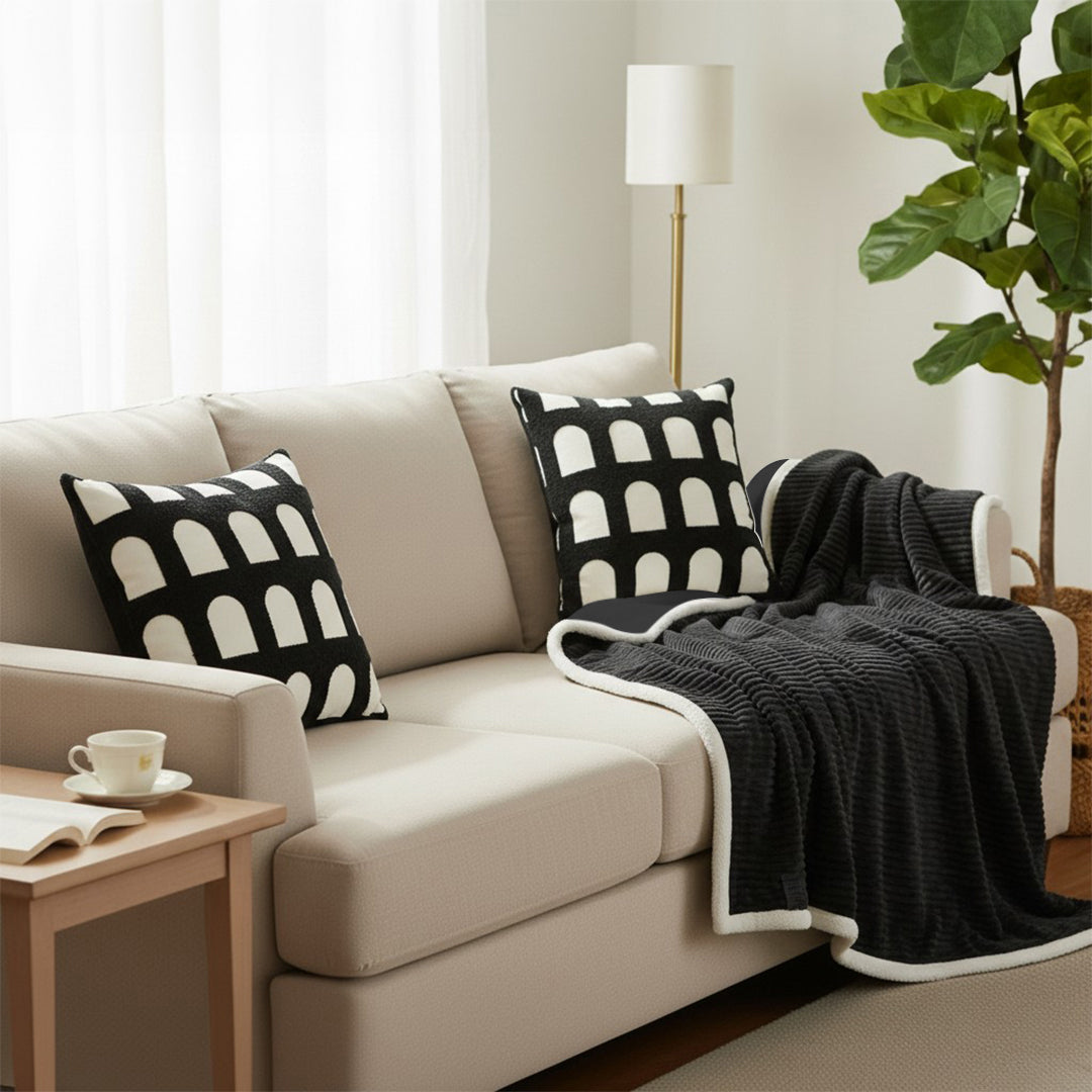 SOGA Home & Living Bundle – 2 Black White Geometric Pillow & Cozy Black Flannel Throw Blanket
