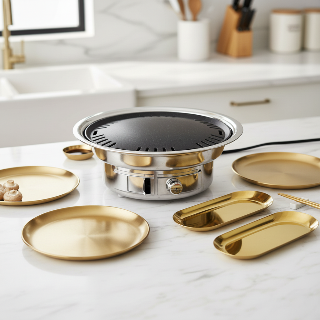 SOGA Kitchenware Bundle – Gold Nordic Plate Set, 23cm Grilling Plate & Portable Charcoal BBQ Grill $ 168