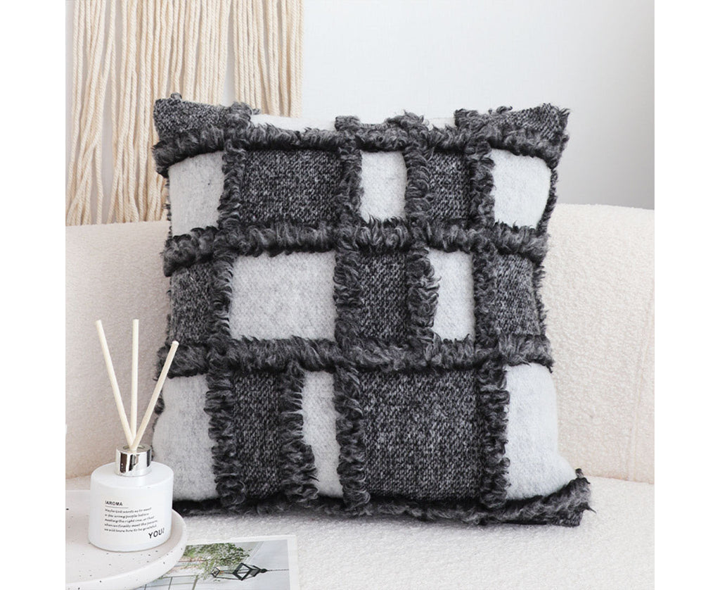SOGA 50cm Bohemian Gray Fringe Checkerboard Textured Throw Pillow