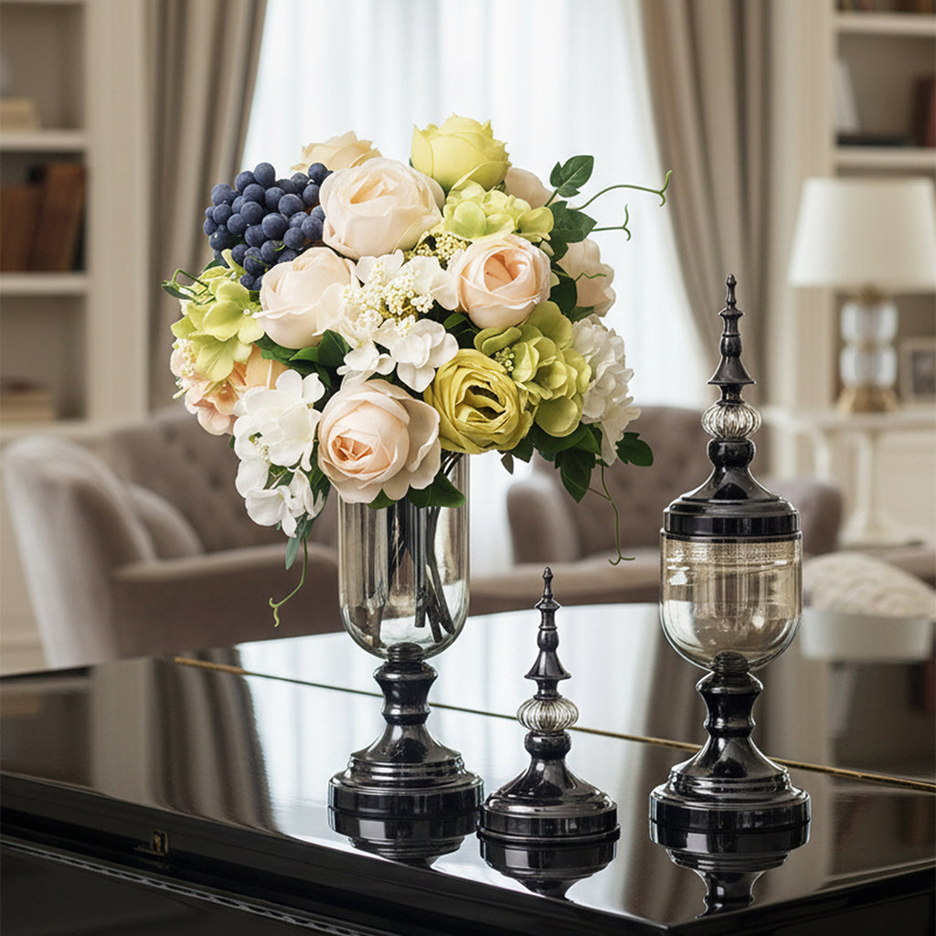 SOGA 2 x Clear Glass Flower Vase with Lid and White Flower Filler Vase Black Set