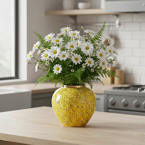 SOGA 21x22cm Yellow with White Mini Floral Small Ceramic Flower Vase Elegant Living Room Home Decor