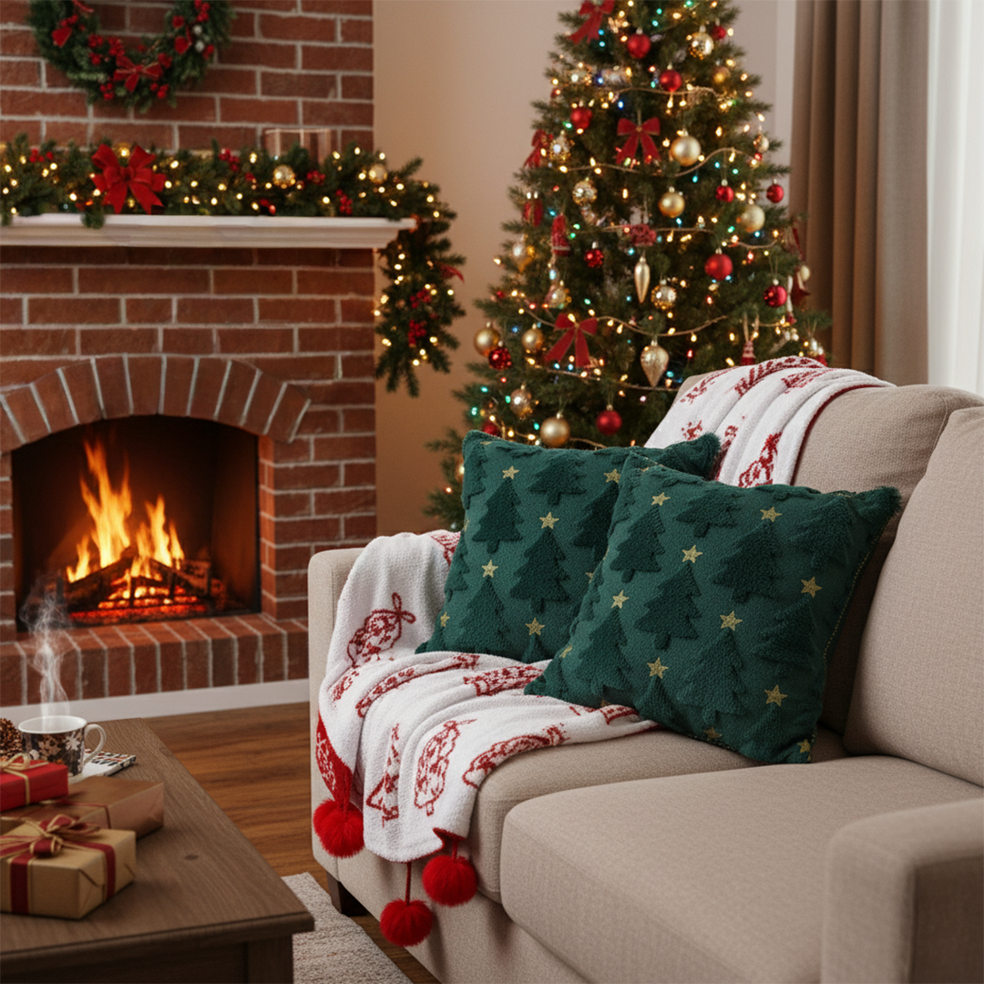 SOGA Christmas Bundle – 2 Festive Teal Christmas Tree Pillow & Red Holiday Throw Blanket $ 243