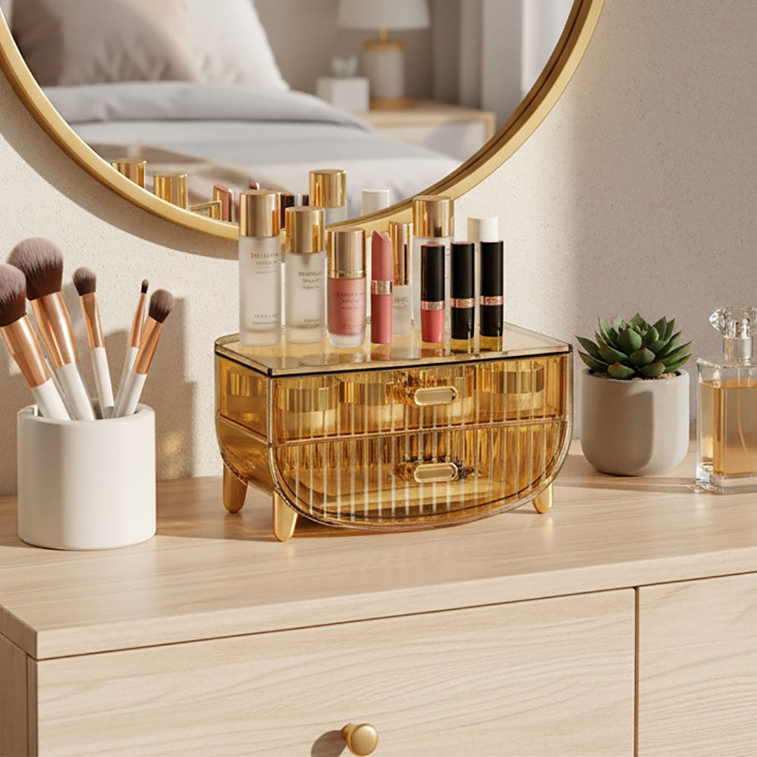 SOGA 2X 2 Tier Golden Yellow Multifunctional Countertop Cosmetic Storage Makeup Skincare Holder Jewelry Cabinet Bathroom Desk Drawer Vanity Organiser