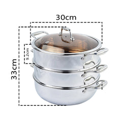 SOGA 3 Tier 30cm Heavy Duty Stainless Steel Food Steamer Vegetable Pot Stackable Pan Insert with Glass Lid