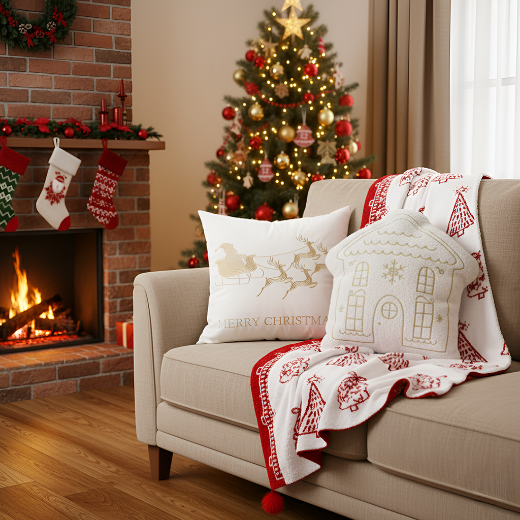 SOGA Christmas Bundle – Red Christmas Tree Fleece Throw & White Festive Holiday Pillows $ 215