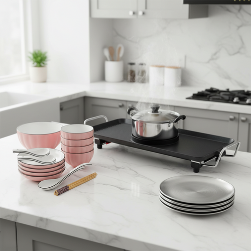 SOGA Kitchenware Bundle U – Electric Steamboat Hot Pot, Pink Ceramic Dinnerware & Silver Grilling Plate