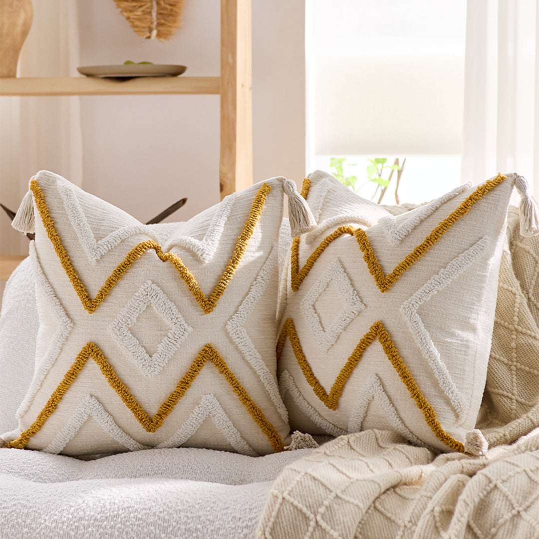 SOGA Boho Tufted Cushion 45cm Tassel Beige Yellow Geometric Chevron Throw Pillow $ 72