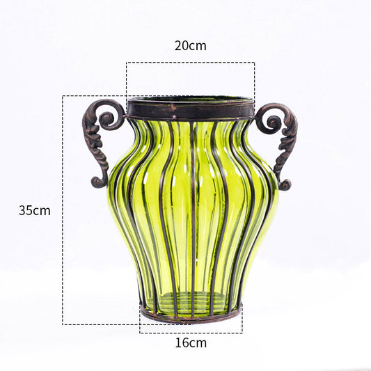 SOGA Green Colored Glass Flower Vase with 10 Bunch 6 Heads Artificial Fake Silk Rose Home Decor Set