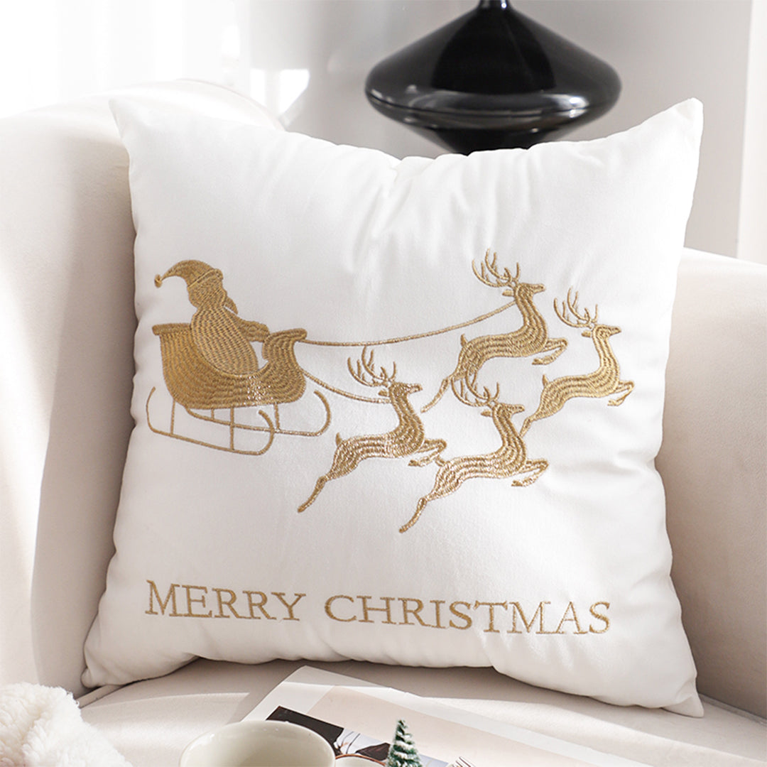 SOGA 2X 45cm Throw Pillow White with Golden Christmas Sleigh Design Festive Holiday Square Cushion Decor