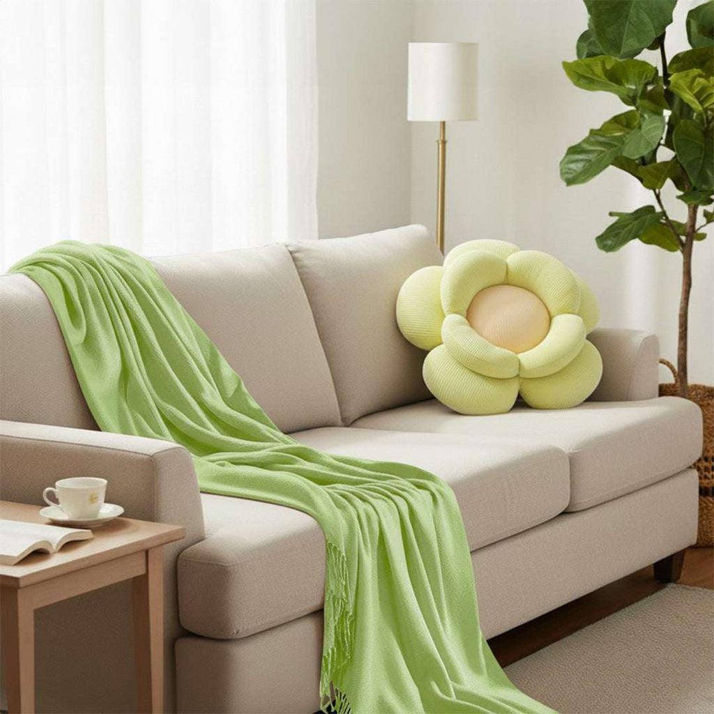 SOGA Home & Living Bundle – Green Double Flower Cushion & Acrylic Knitted Throw Blanket $ 156
