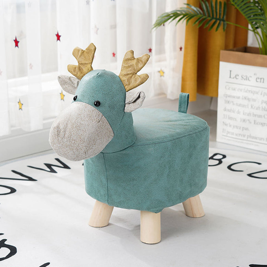 SOGA 2X Green Children Bench Deer Character Round Ottoman Stool Soft Small Comfy Seat Home Decor
