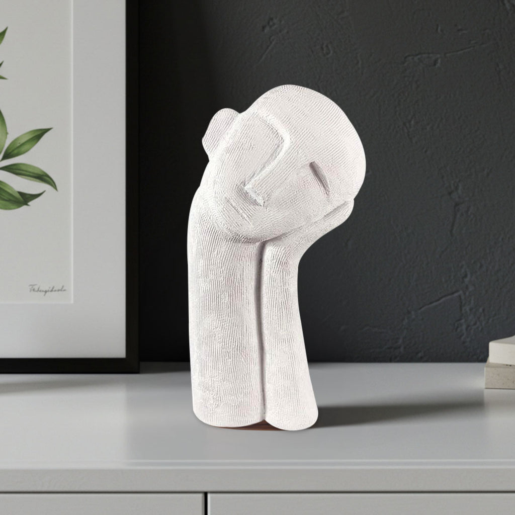 SOGA 38cm White Minimalist Head Resin Sculpture with Hand at Side and Linear Texture