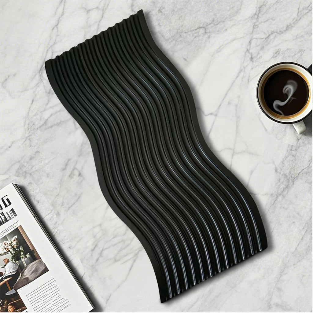 SOGA 39cm Black Wave Ribbed Wooden  - Premium Beech Wood Decorative Tray