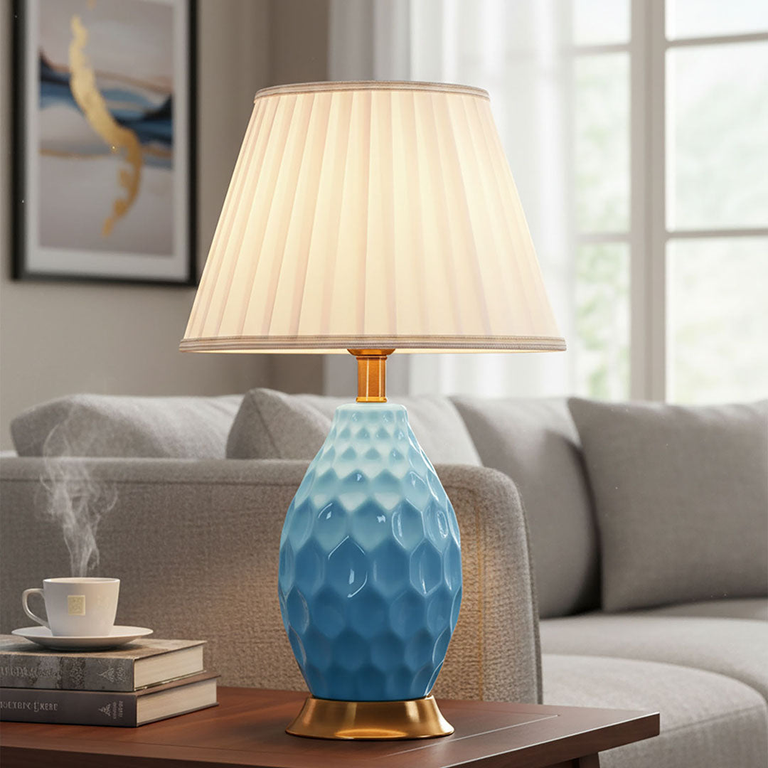 SOGA 4X Textured Ceramic Oval Table Lamp with Gold Metal Base Blue