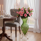 SOGA 67cm Green Glass Tall Floor Vase and 12pcs Pink Artificial Fake Flower Set