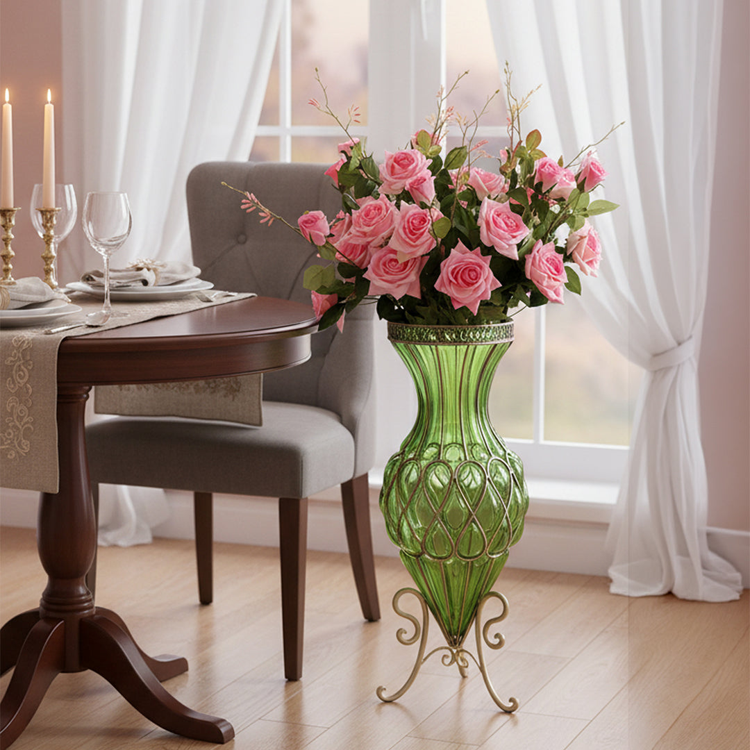 SOGA 67cm Green Glass Tall Floor Vase and 12pcs Pink Artificial Fake Flower Set