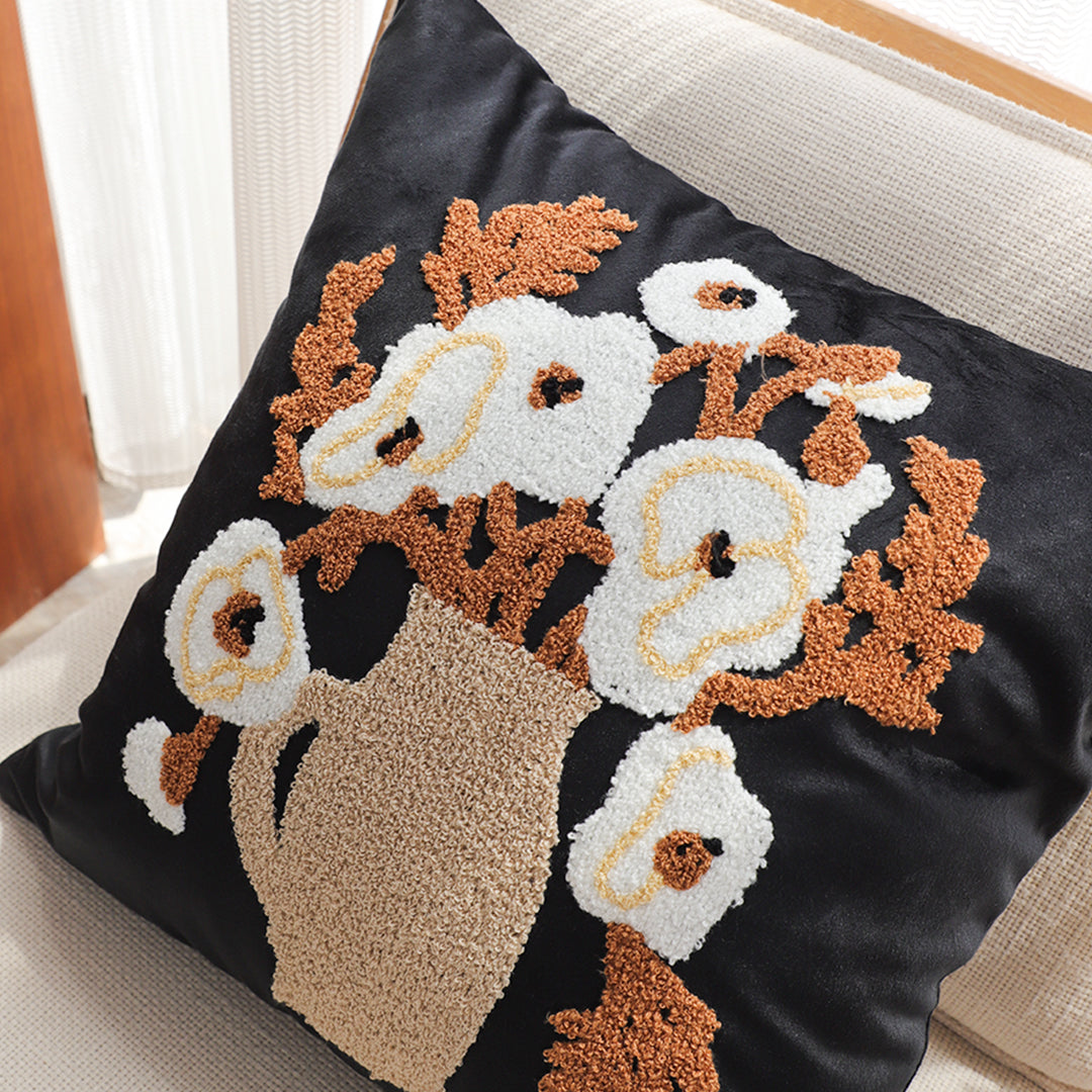 SOGA 45cm Black Brown White Floral Bouquet Embroidered Throw Pillow