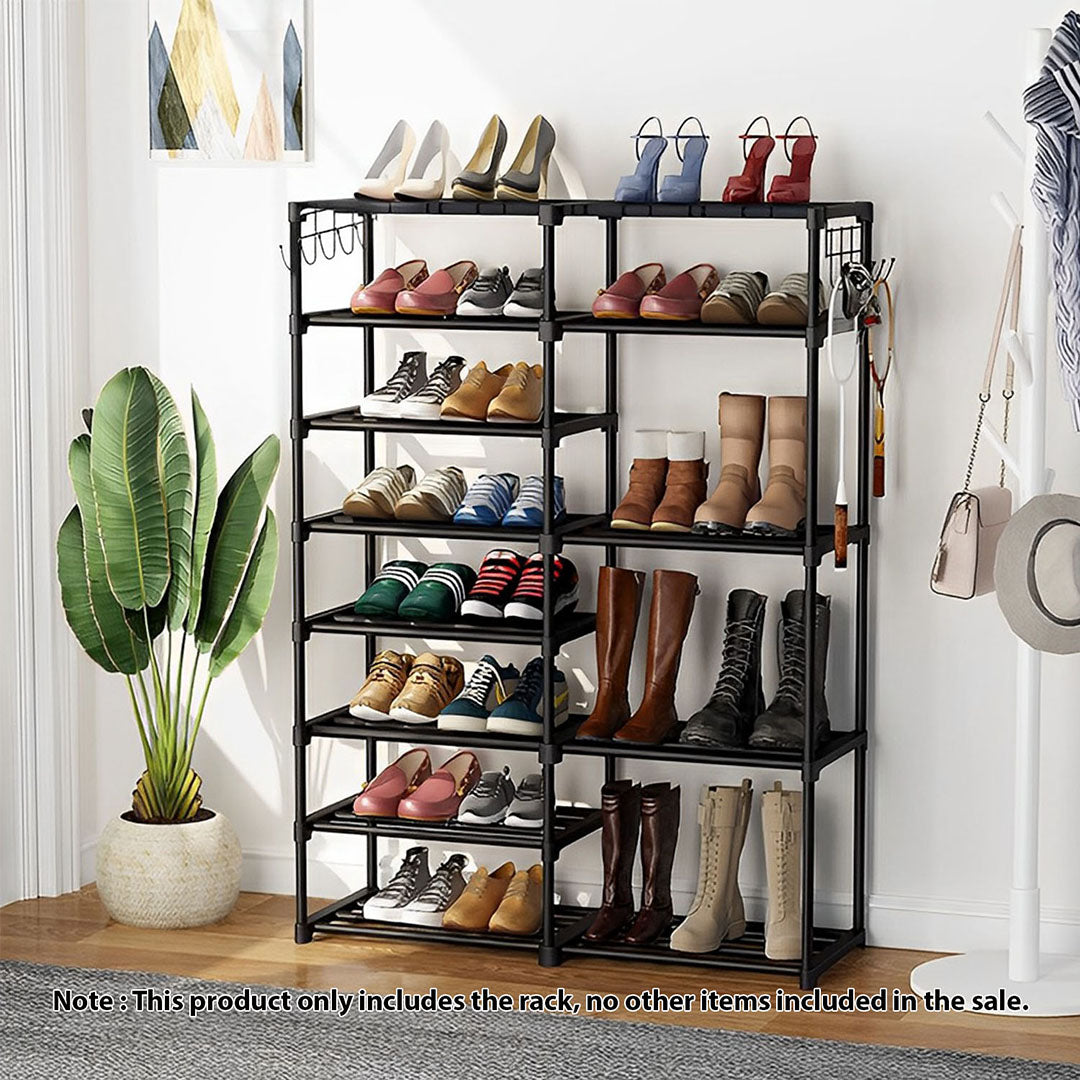 SOGA 12-Shelf Tier Shoe Storage Shelf Space-Saving Caddy Rack Organiser with Side Hooks Black