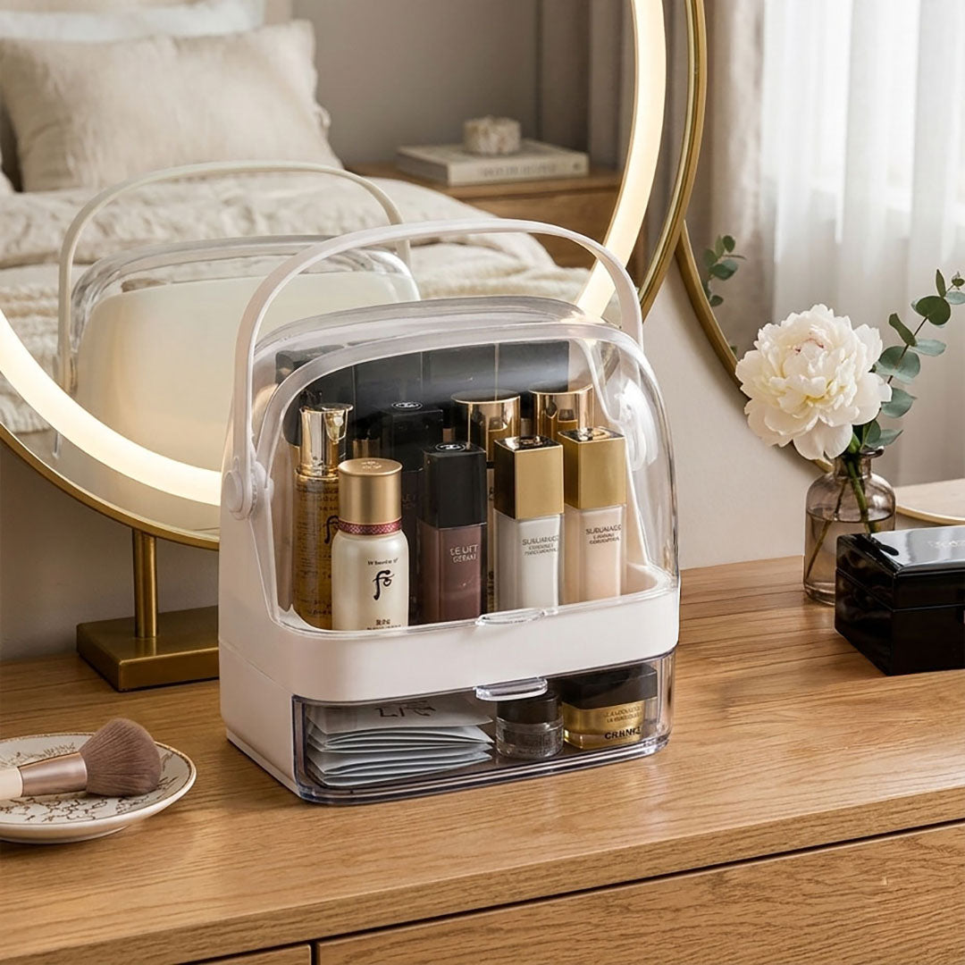 SOGA 2 Tier White Countertop Makeup Cosmetic Storage Organiser Skincare Holder Jewelry Storage Box with Handle