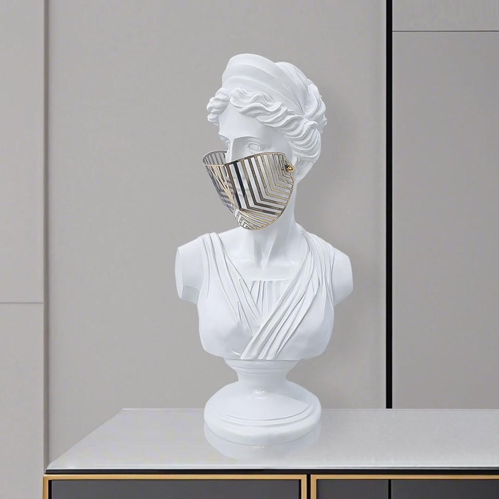 SOGA 40cm White Resin Bust – Gold Striped Mask Sculpture