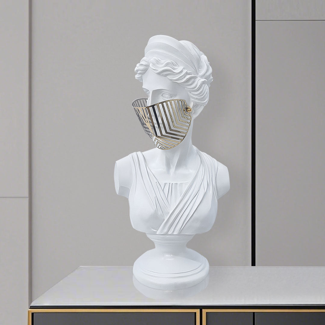 SOGA 40cm White Resin Bust – Gold Striped Mask Sculpture