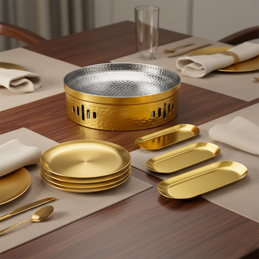 SOGA Kitchenware Bundle – Gold Nordic Plate Set, 26cm Grilling Plate & 28cm DryPot $ 181