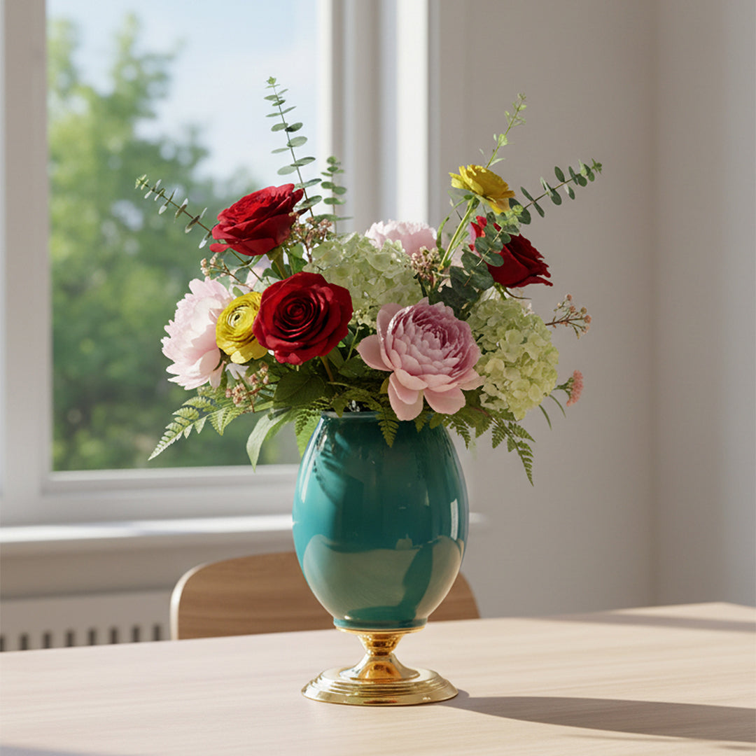 SOGA 2x 40cm Ceramic Oval Flower Vase with Gold Metal Base Green