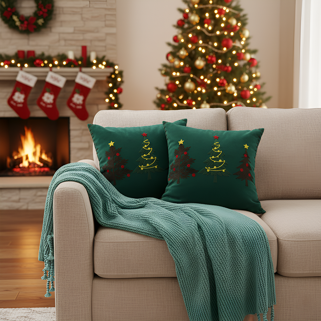 SOGA Christmas Bundle – 2 Green Embroidered Christmas Tree Pillow & Tassel Fringe Knitted Blanket $ 206