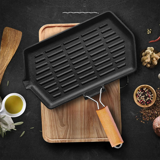 SOGA 2X Rectangular Cast Iron Griddle Grill Frying Pan with Folding Wooden Handle