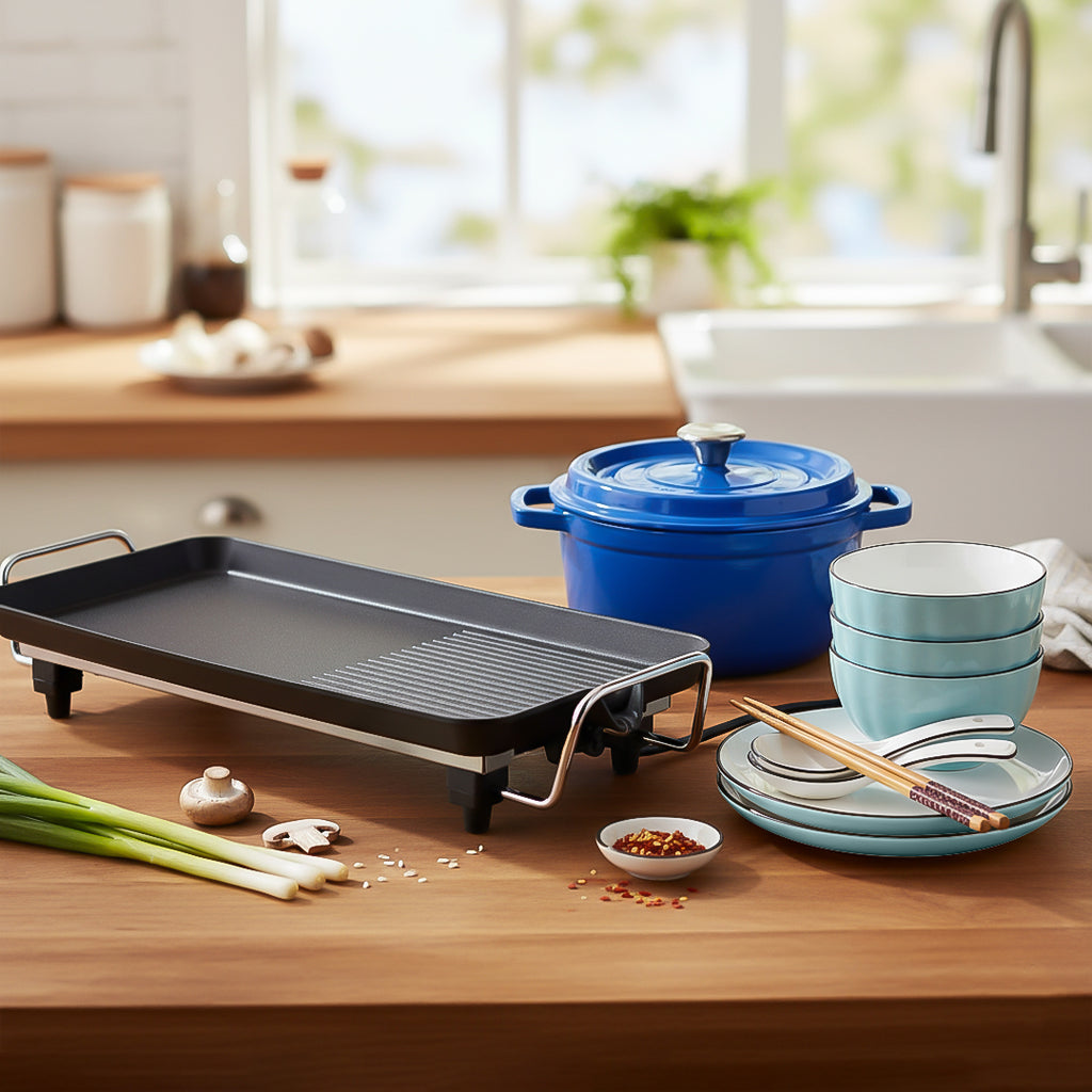 SOGA Kitchenware Bundle – Electric BBQ Teppanyaki Grill, Blue Ceramic Dinnerware & Cast Iron Stewpot