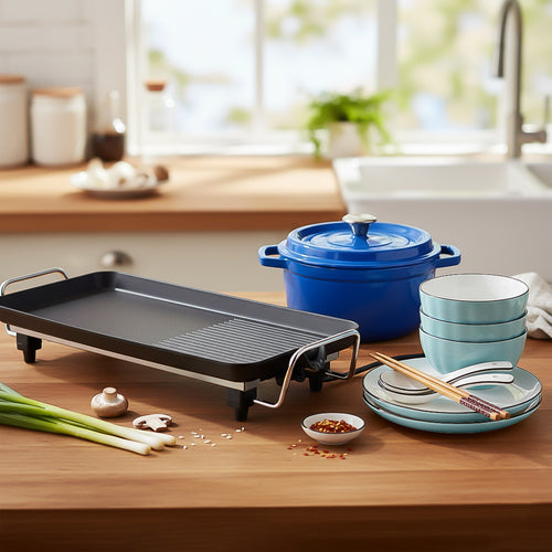 SOGA Kitchenware Bundle R – Electric BBQ Teppanyaki Grill, Blue Ceramic Dinnerware & Cast Iron Stewpot