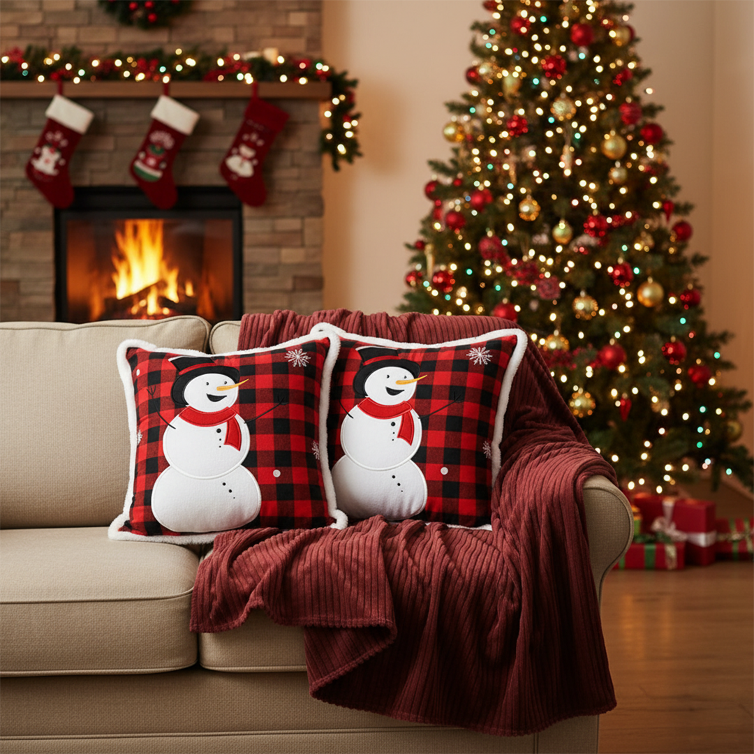 SOGA Christmas Bundle – 2 Red Snowman Holiday Pillow & Burgundy Striped Cozy Throw Blanket $ 136