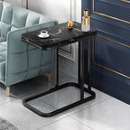 SOGA 30x50cm Black Stone-Patterned Side Table with Black Metal Legs