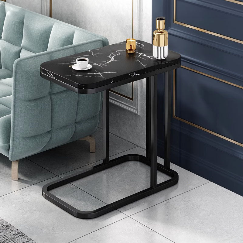 SOGA 30x50cm Black Stone-Patterned Side Table with Black Metal Legs