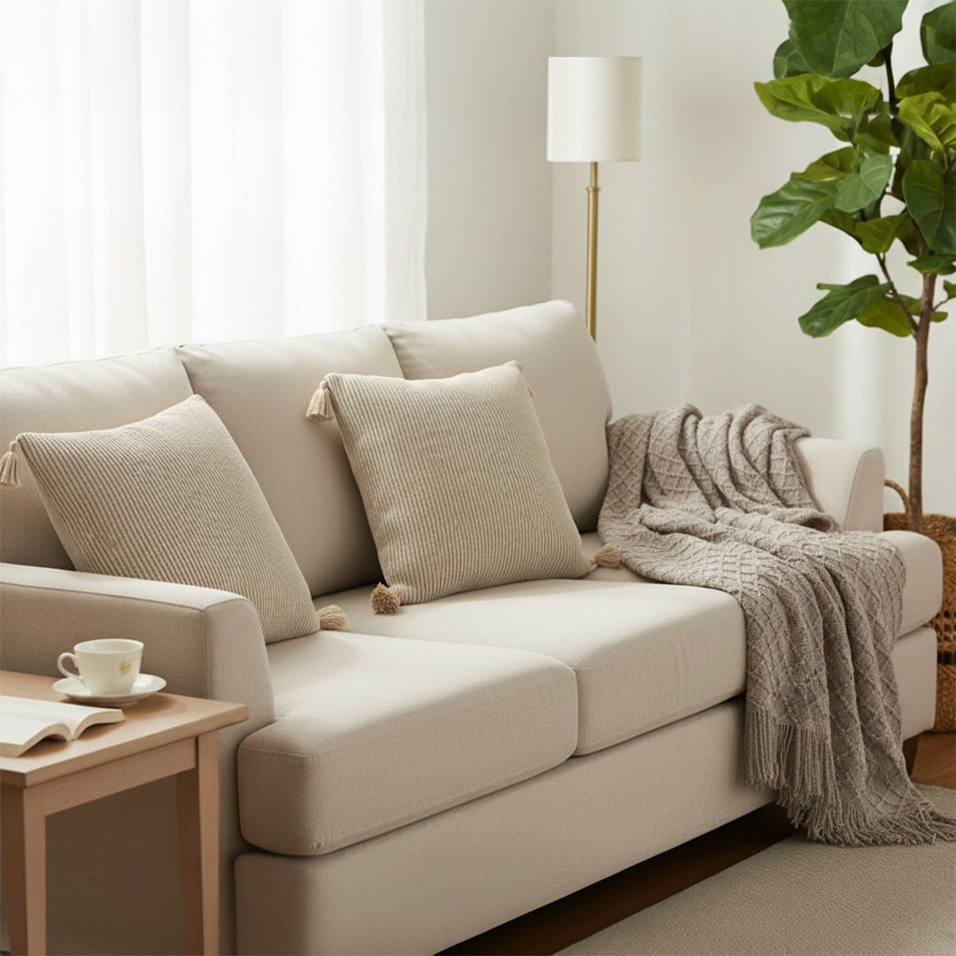 SOGA Home & Living Bundle – 2 Khaki Wabi-Sabi Tassel Pillows & Coffee Knitted Blanket