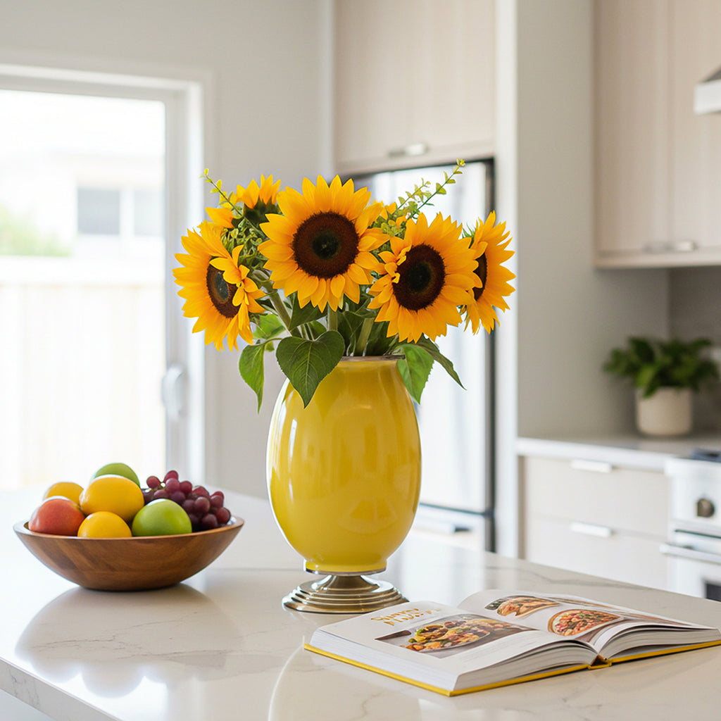SOGA 2x 40cm Ceramic Oval Flower Vase with Gold Metal Base Yellow