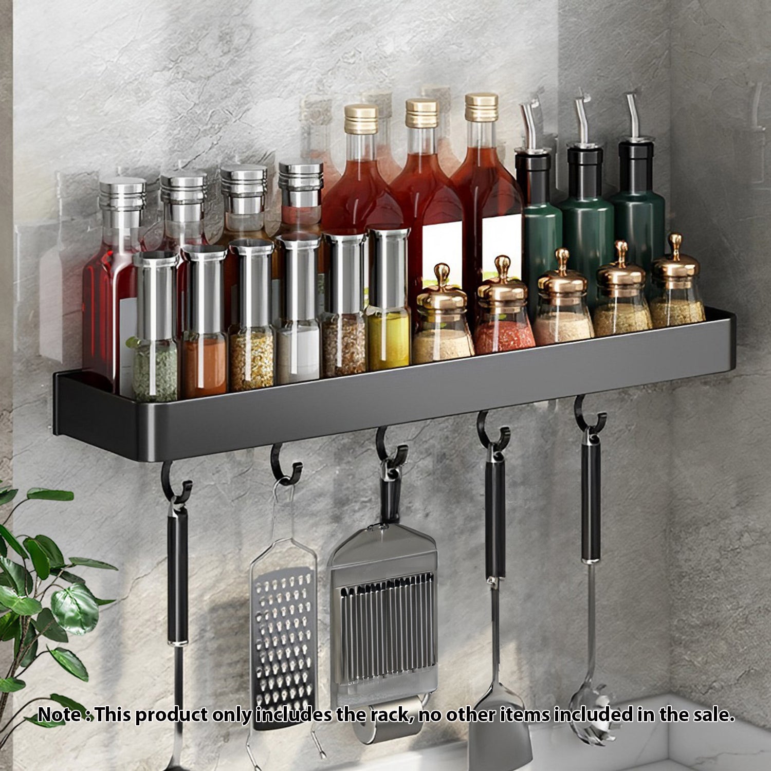 SOGA 2X 50cm Black Wall-Mounted Rectangular Kitchen Spice Storage Organiser Space Saving Condiments Shelf Rack with Hooks