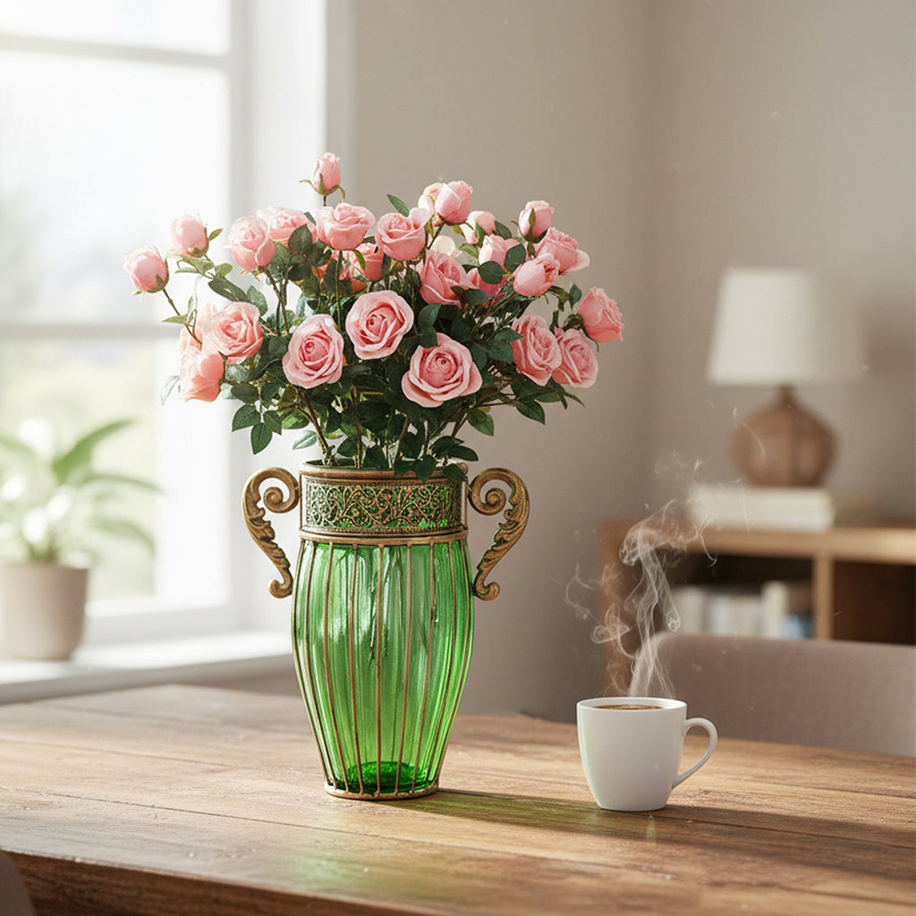 SOGA Green Glass Flower Vase with 8 Bunch 5 Heads Artificial Fake Silk Rose Home Decor Set