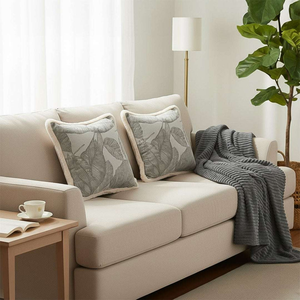 SOGA Home & Living Bundle – 2 Wabi-Sabi Embroidered Leaf Pillow & Grey Striped Throw Blanket $ 170