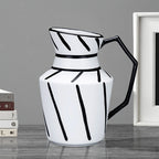 SOGA 2X 23.5x19.5cm Ornament Modern Ceramic Decorative Pitcher Striped Vase with Handle with Geometric Design for Home Décor