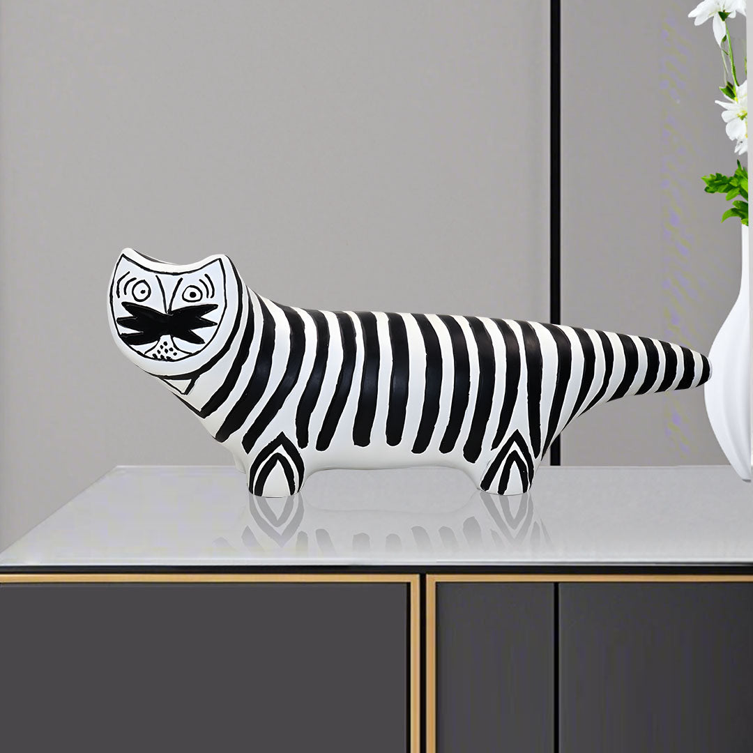 SOGA 47cm Elongated Black and White Striped Cat Resin Sculpture