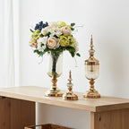SOGA 2 x Clear Glass Flower Vase with Lid and White Flower Filler Vase Gold Set