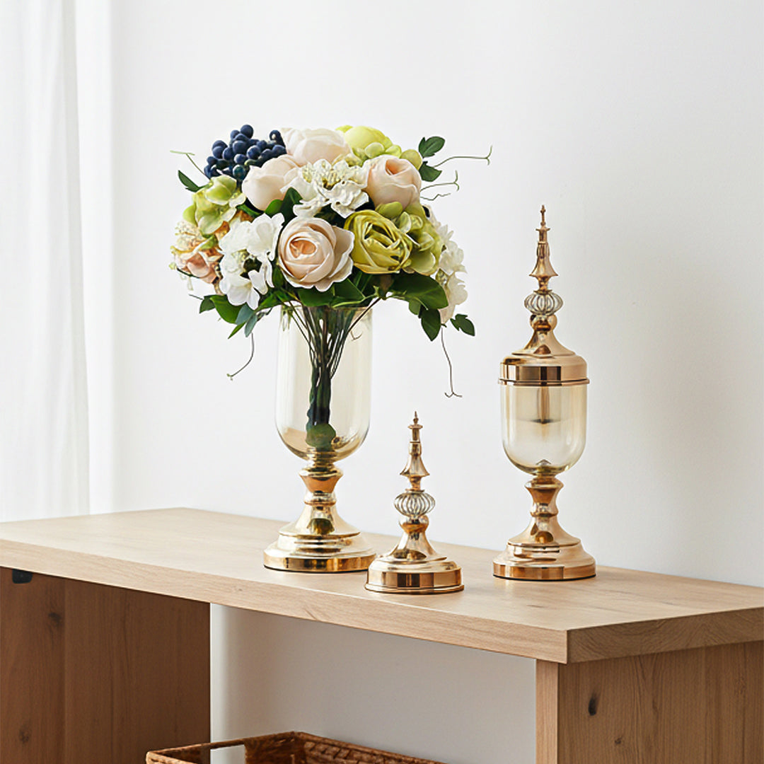 SOGA 2 x Clear Glass Flower Vase with Lid and White Flower Filler Vase Gold Set