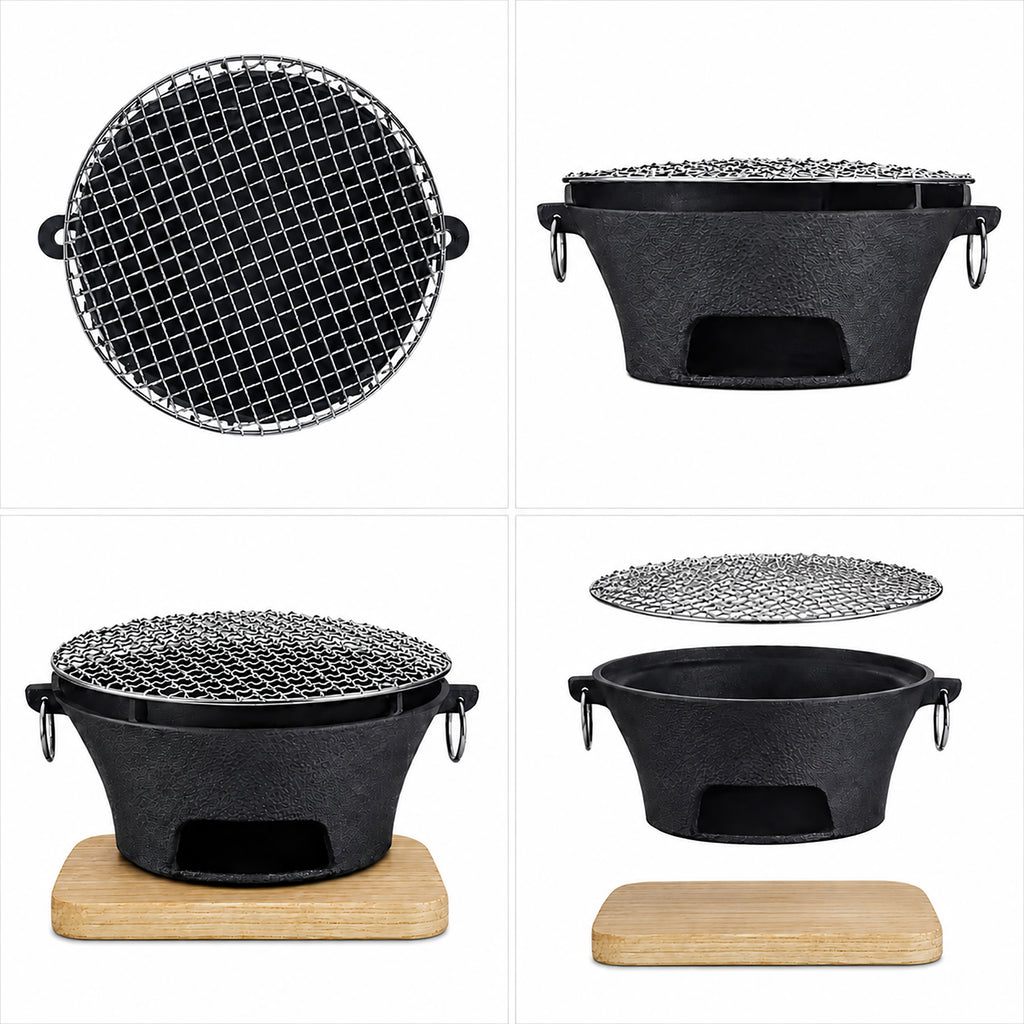 SOGA Medium Cast Iron Round Stove Charcoal Table Net Grill Japanese Style BBQ Picnic Camping with Wooden Board