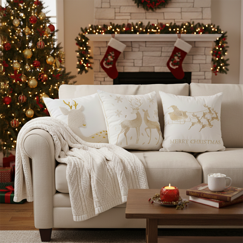 SOGA Christmas Bundle – White Chenille Throw Blanket & Festive Gold Accent Holiday Pillows $ 312