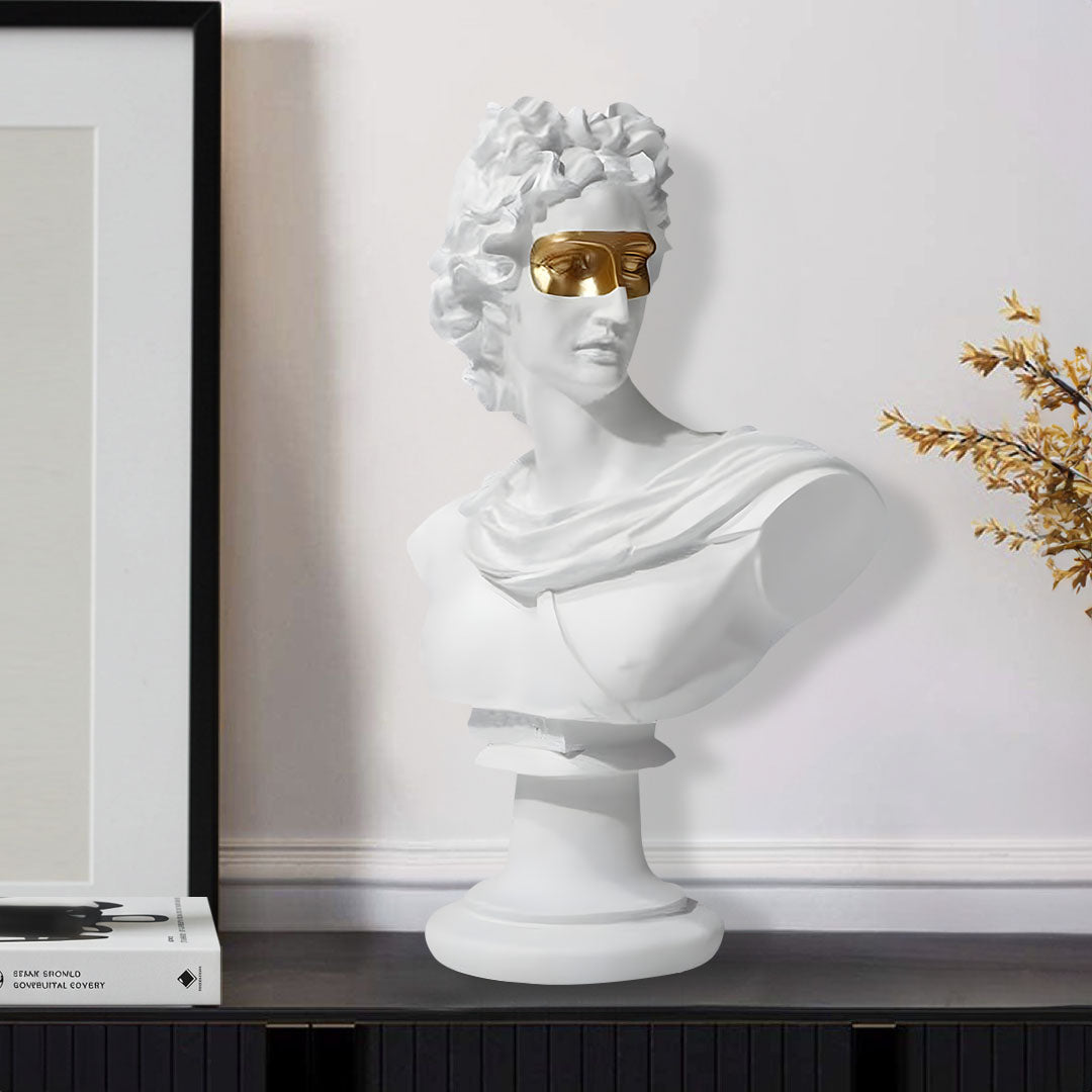 SOGA 40cm White Classical Bust Resin Sculpture with Gold Eye Mask
