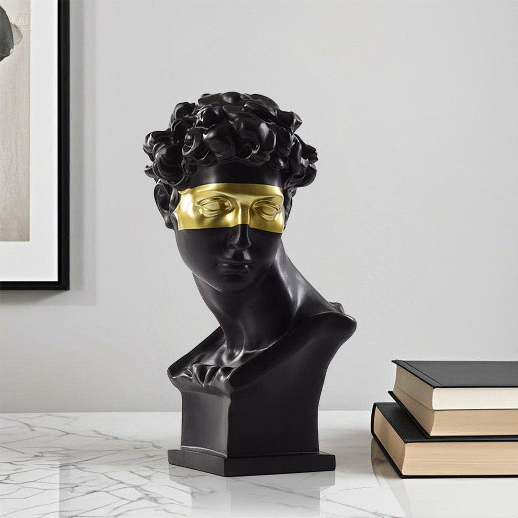 SOGA 56cm Black Resin Bust – Gold Masked Sculpture for Modern Decor