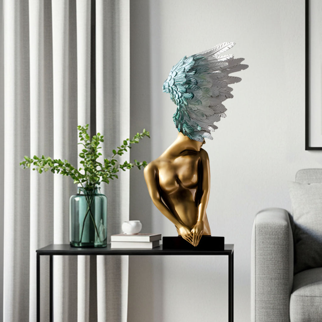 SOGA 86cm Gold Sculpture – Winged Resin Decor with Black Marble Base