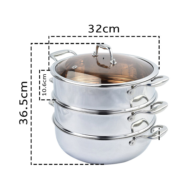 SOGA 3 Tier 32cm Heavy Duty Stainless Steel Food Steamer Vegetable Pot Stackable Pan Insert with Glass Lid