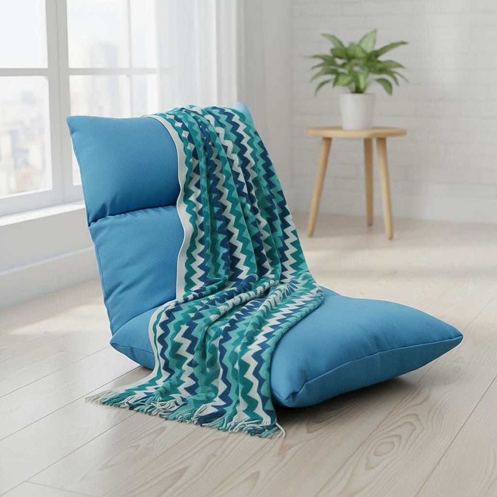 SOGA Home & Living Bundle – Blue Zigzag Knitted Throw Blanket & Blue Adjustable Floor Recliner $ 0
